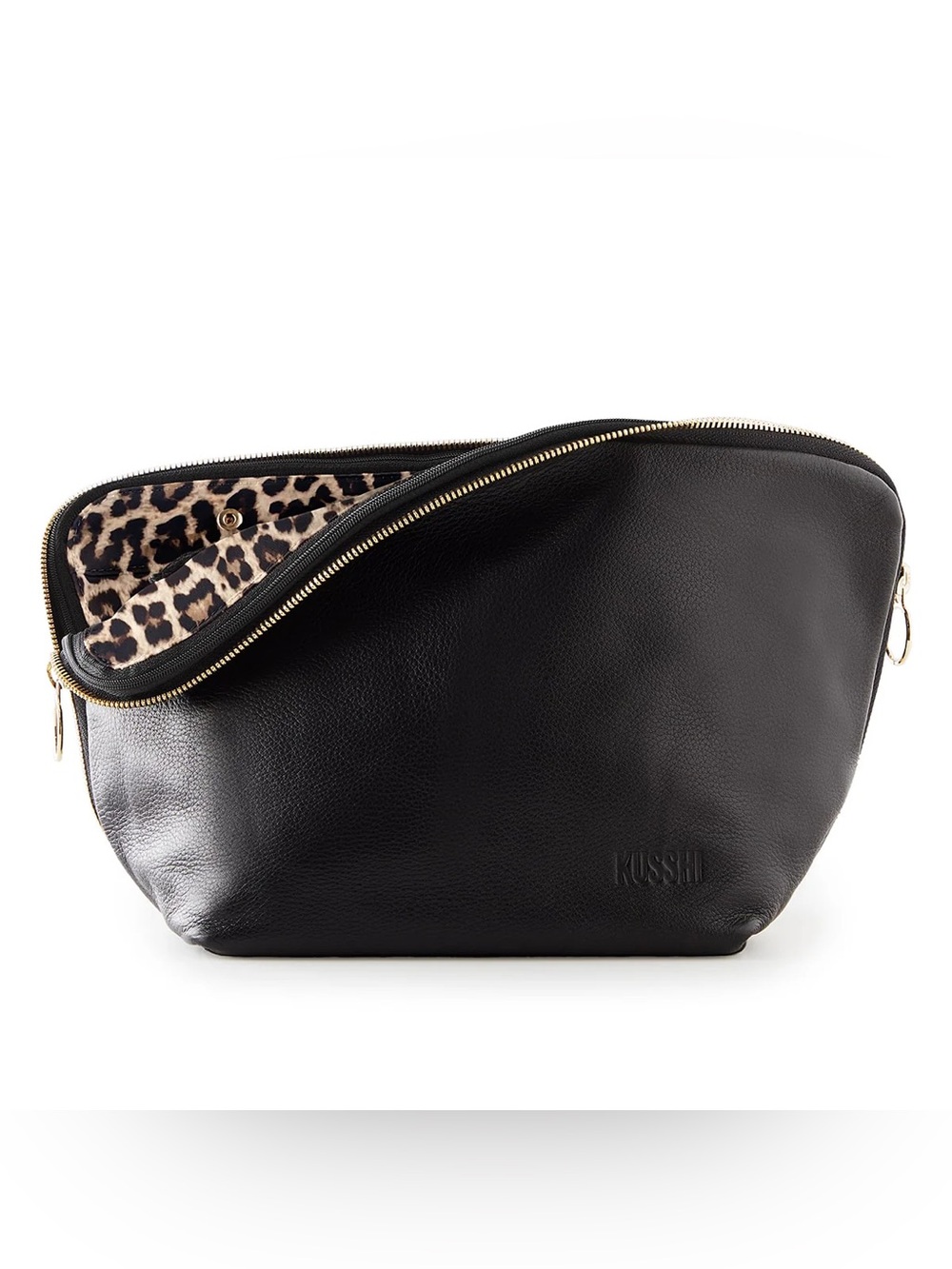 Kusshi Vacationer Makeup Bag in Luxurious Black Leather with Leopard Interior